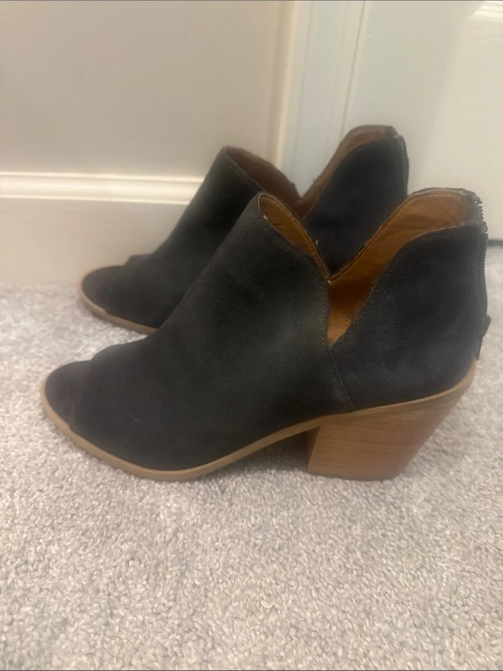 Susina Black Suede Open-Toe V-Cut Block Heel Booties